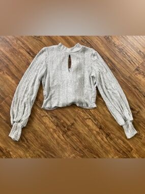 NanaMacs Light Gray Ribbed Mock Neck Cropped Sweater with Open Back Design